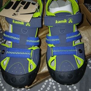 Kamik Kids' Gray with Neon Green and  Blue Sandles